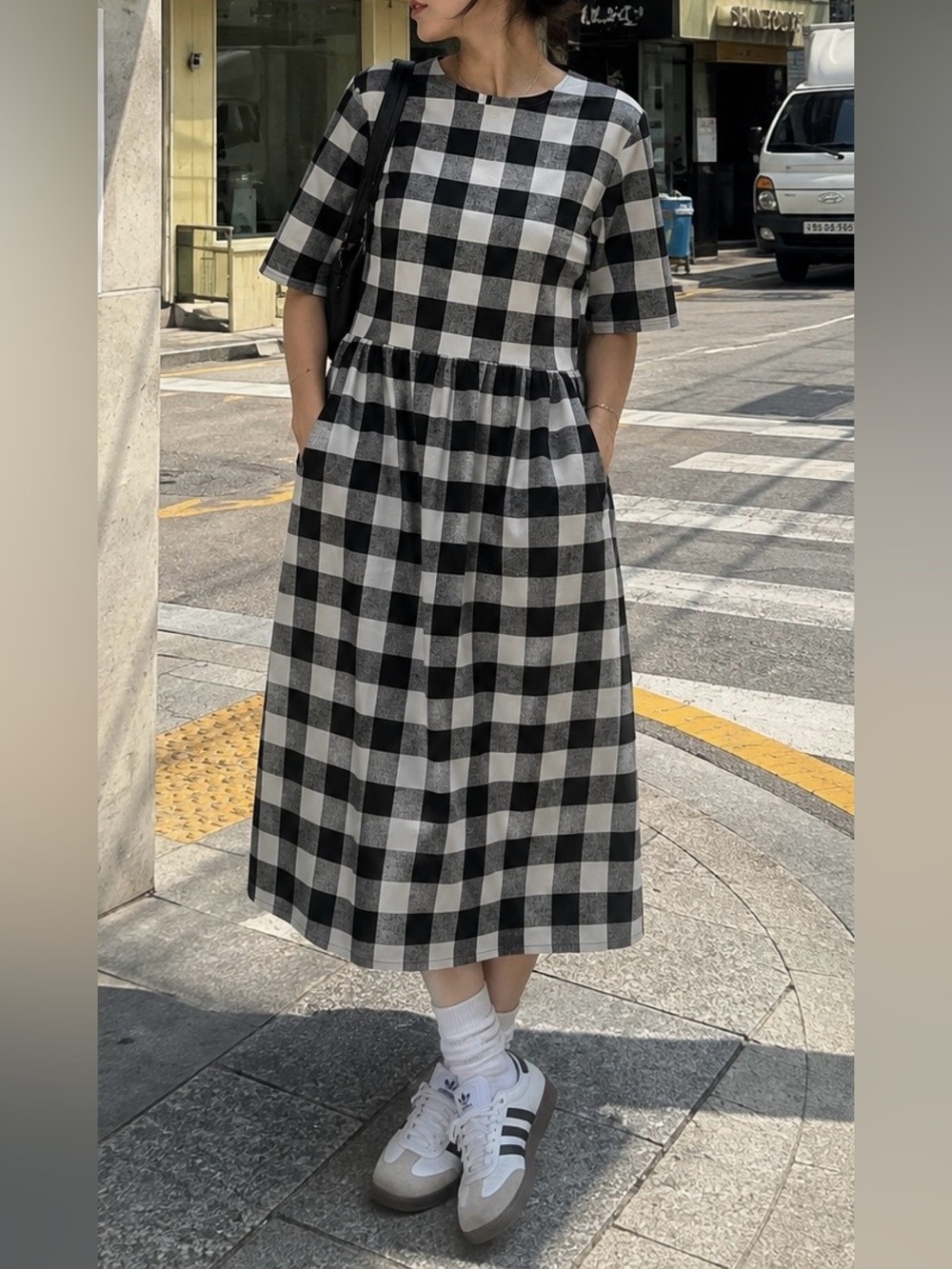 Black and White Plaid Cotton Dress with Pockets